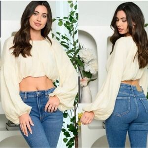 🆕 Lulu’s Crop Top Long Puff Sleeve cropped blouse Ivory cream New Small